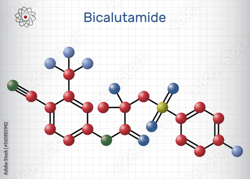 Bicalutamide molecule. It is nonsteroidal anti-androgen for prostate cancer. Structural chemical formula, molecule model. Sheet of paper in a cage