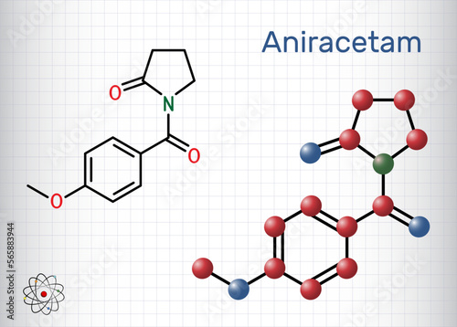 Aniracetam molecule. It is nootropic drug used to ameliorate memory, attention disturbances. Structural chemical formula, molecule model. Sheet of paper in a cage.