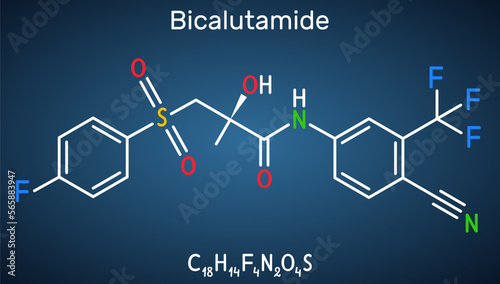 Bicalutamide molecule. It is nonsteroidal anti-androgen for prostate cancer. Structural chemical formula on the dark blue background photo