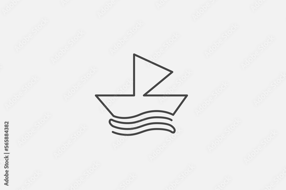 Illustration vector graphic of line art ocean wave and ship or sailboat