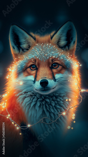 Red fox with Christmas lights in the wild created with Generative AI