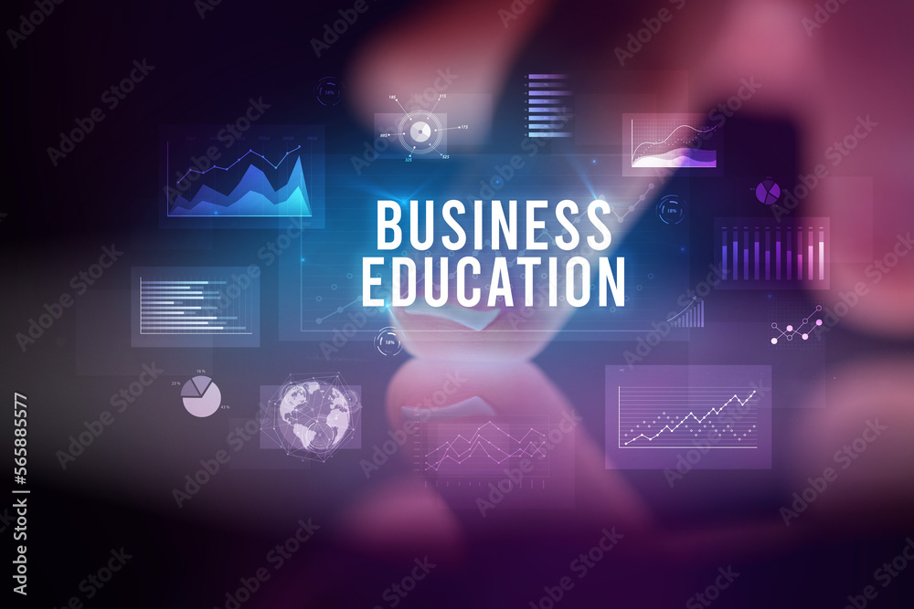 Finger touching tablet with business graphs and icons concept Finger touching tablet with business graphs and icons concept