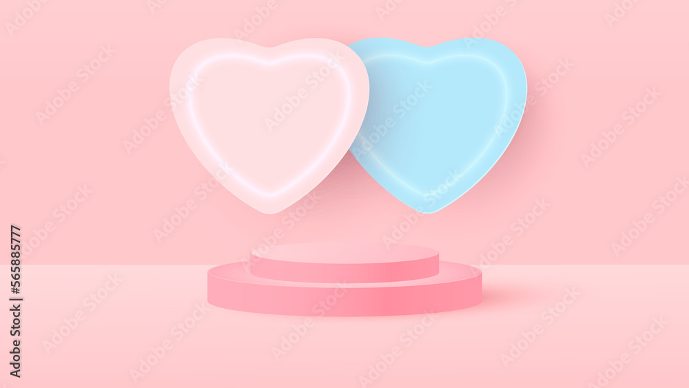 Minimalistic scene with pink cylindrical podium, heart frame and flying balloons. Stage for product demonstration, showcase. 
