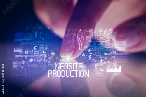 Finger touching tablet with web technology icons concept
