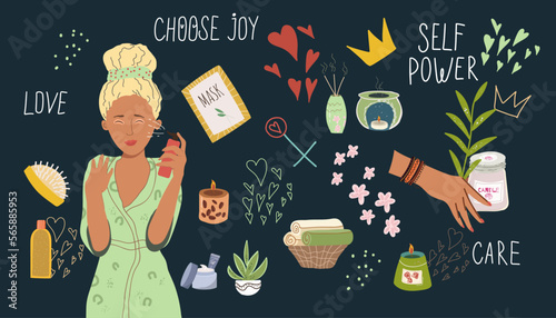 A set of design elements on the theme of personal care: a girl, a heart, a mask, a candle, a flower. Flat cartoon vector illustration, hand drawn style. Concept of self love, health, beauty.