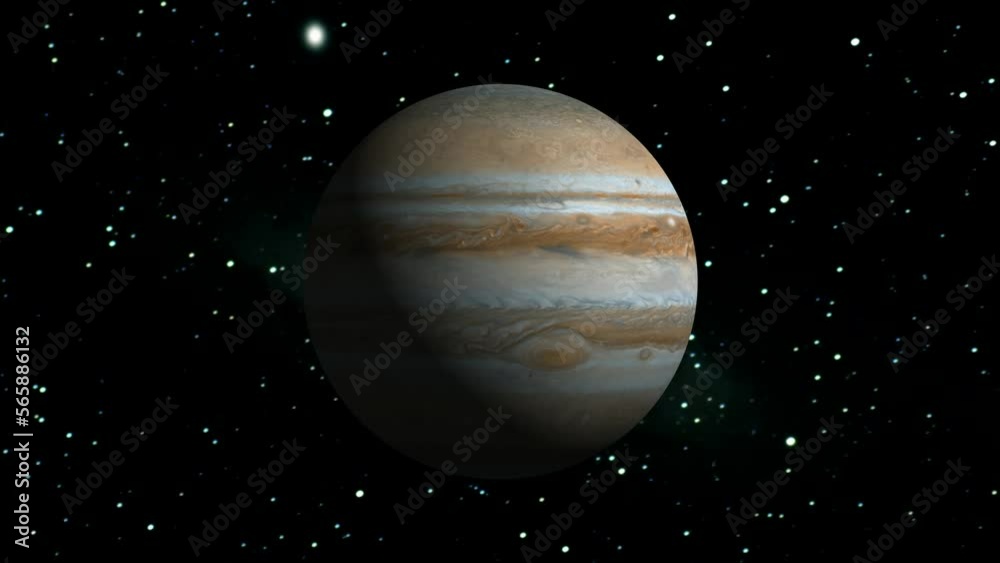 Jupiter planet in space. realistic 3d Jupiter planet rotating . galaxy background. Jupiter planet in space. realistic 3d Jupiter planet rotating . galaxy background.