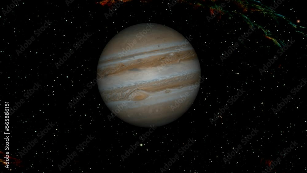 Jupiter planet in space. realistic 3d Jupiter planet rotating . galaxy background. Jupiter planet in space. realistic 3d Jupiter planet rotating . galaxy background.