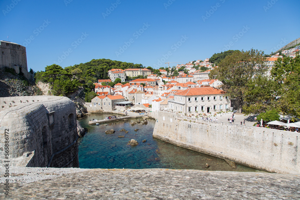 View from the wall to ancient Fort Livrijenac and  to the west harbor and famous bay known as film location in Dubrovnik, Croatia