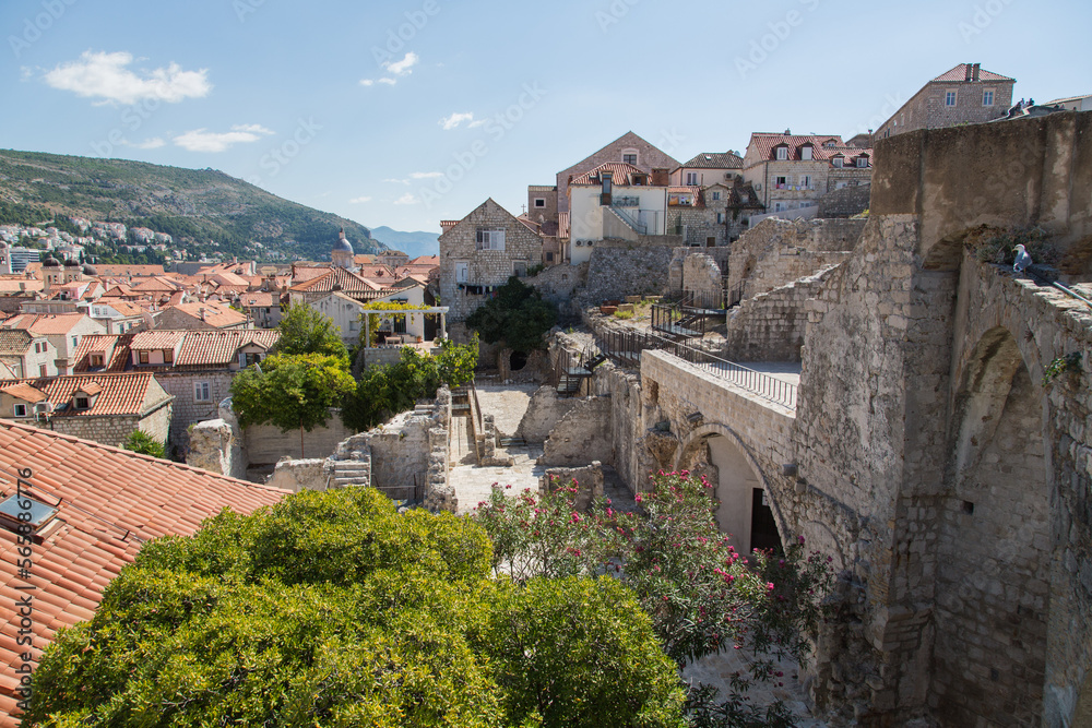 View from the famous wall down to the old town and its historical remains - Dubrovnik, Croatia