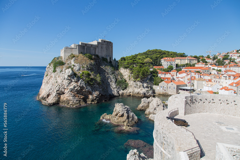 View from the famous wall to ancient Fort Livrijenac at the west harbor and famous bay known as film location in Dubrovnik, Croatia