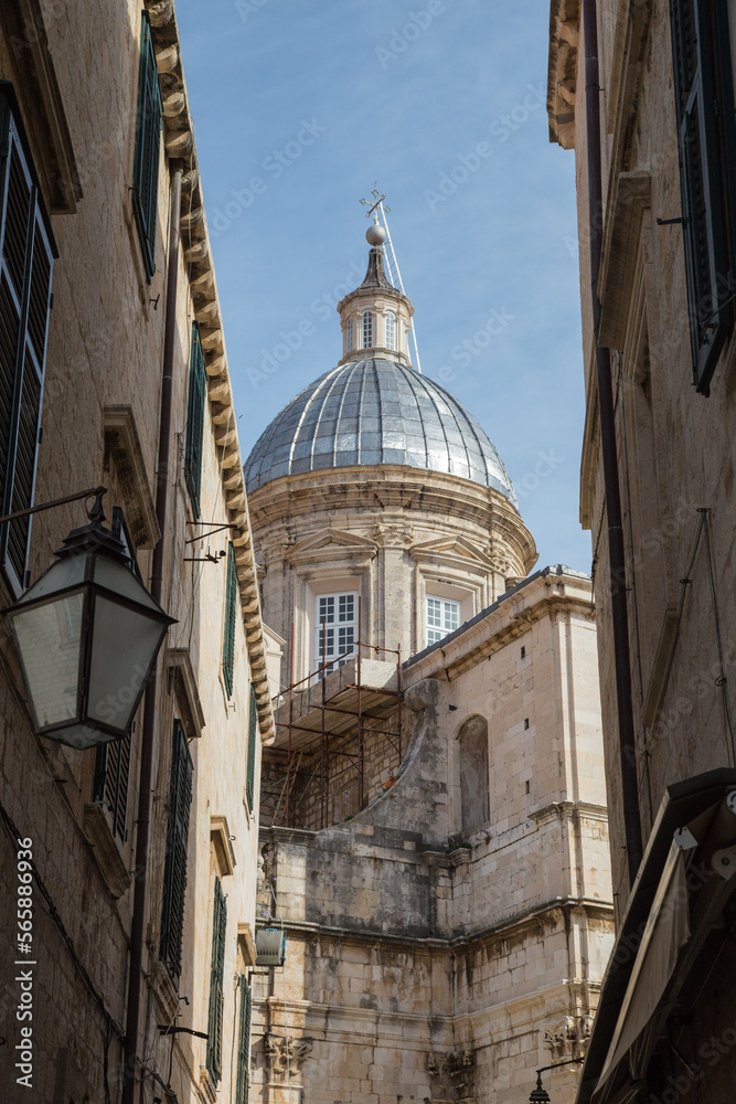 View to the magnificent dome of the Saint Blaise’s cathedral church against blue sky in the old town of Dubrovnik, Croatia