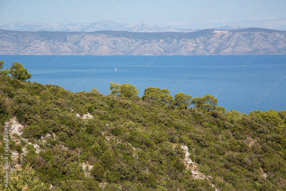 Beautiful view of the Adriatic sea with its crystal clear blue water from the island Hvar, Dalmatia, Croatia- a rocky landscape with pinewoods opposite to the Biokovo mountain range on the mainland.