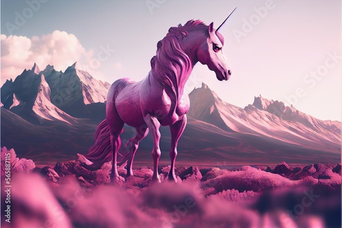 A purple unicorn in a pink mountain landscape. Generative AI. 3 © Floren Horcajo