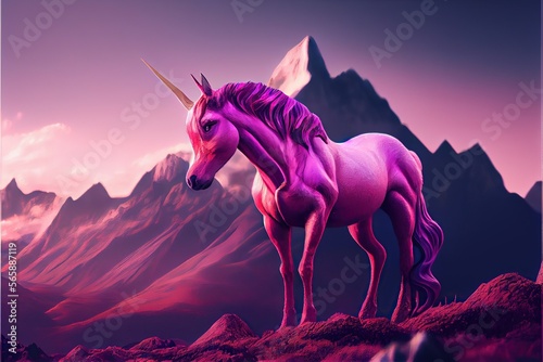 A purple unicorn in a pink mountain landscape. Generative AI. 2 © Floren Horcajo