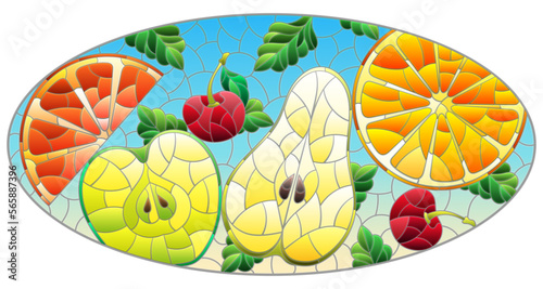 An illustration in the style of a stained glass window with juicy fruits and berries  on a blue background
