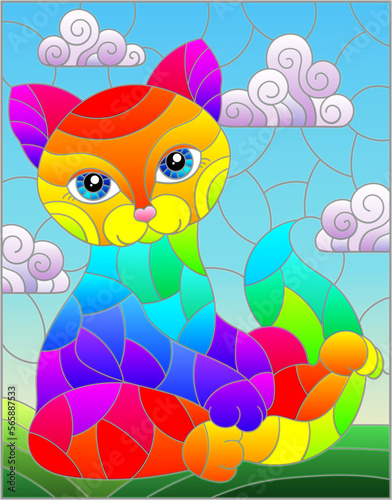 Illustration in stained glass style with a rainbow cute cat on a background of meadows, and sky
