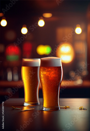 Two glasses of beer on the bar. AI generated.