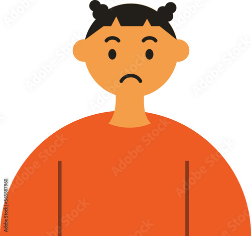 A sad girl's face. Two-dimensional character. Brown orange shirt. Portrait. Vector flat illustration