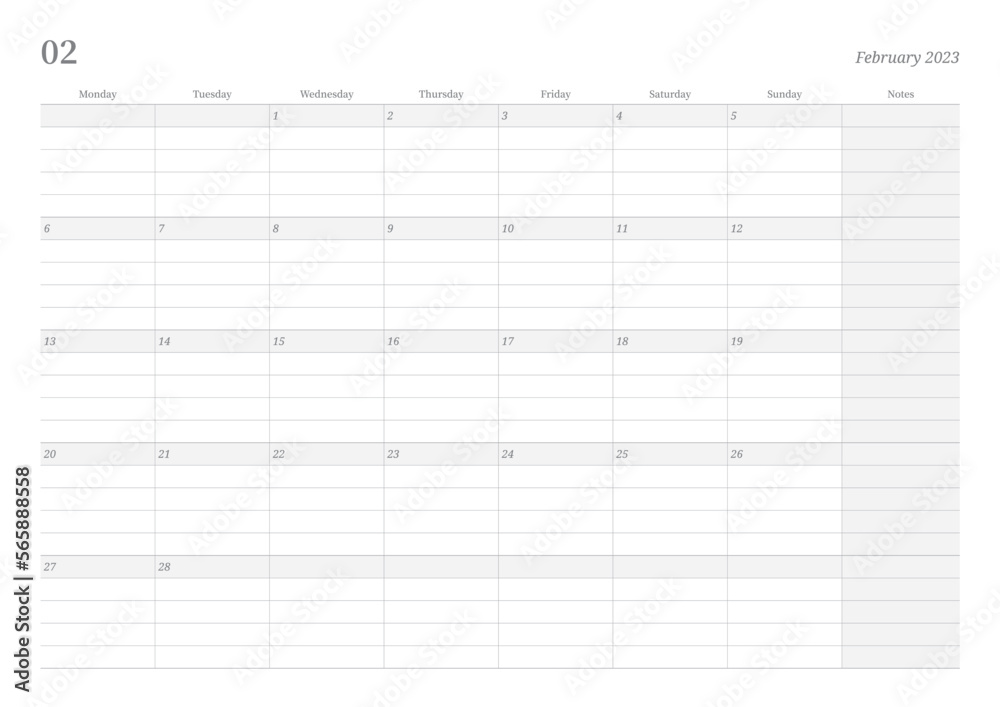 January 2023 simple design digital and printable calendar template illustration. Notes, scheduler, diary, calendar, memo, planner document template background. 