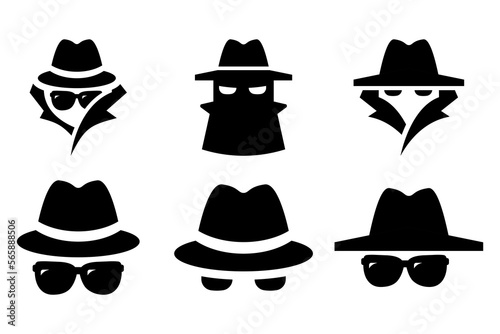 Spy, Agent, Incognito Detective icons with hat. Vector stock illustration