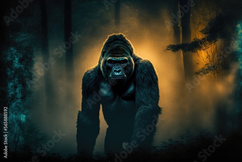 A close-up of a gorilla isolated in a dark glowing forest background, good for digital design or print generative ai