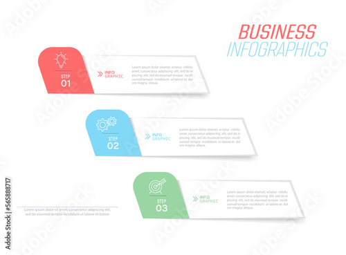 Business infographics. 3 stages of achieving the goal. Stages of the workflow, development, marketing, plan or training. Business strategy with icon icons. Report or statistics schema