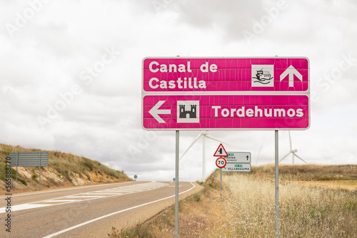 traffic signpost pointing the way to Canal de Castilla and Tordehumos, province of Valladolid, Castile and Leon, Spain