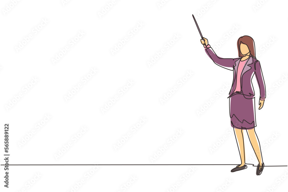 Single continuous line drawing female teacher, professor standing in front of class with pointer stick teaching lesson. School woman teacher in blazer. One line draw graphic design vector illustration Single continuous line drawing female teacher, professor standing in front of class with pointer stick teaching lesson. School woman teacher in blazer. One line draw graphic design vector illustration