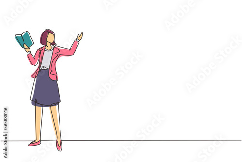 Single continuous line drawing woman teacher teaching lesson in front classroom with open book. College class of university teacher teach. Female teaching. One line draw design vector illustration