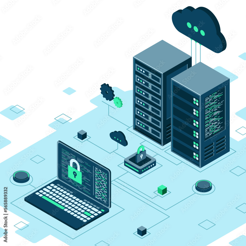 Cyber data security. Internet security isometric concept. Server room ...