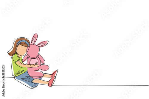 Continuous one line drawing little girl hug her doll and cry or scared or sad or feel bad or in trouble. Sitting on floor. Concept of orphan kid. Single line draw design vector graphic illustration