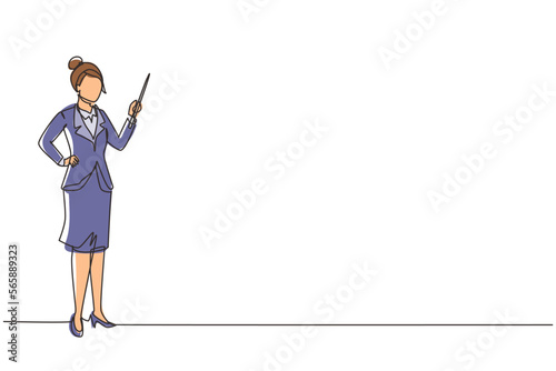 Single one line drawing confident woman teacher, mentor, trainer, business woman, manager, employee, wearing blazer indicating pointing with stick in hand. Continuous line design vector illustration