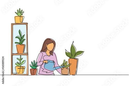Continuous one line drawing woman is watering plants, caring for greens. Hobby, low-waste lifestyle, eco-friendly thinking. Home garden. Garden on balcony. Single line draw design vector illustration