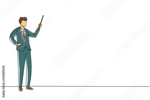 Single continuous line drawing confident teacher, mentor, trainer, businessman, manager, employee, wearing suit indicating pointing with stick in hand. One line draw design graphic vector illustration