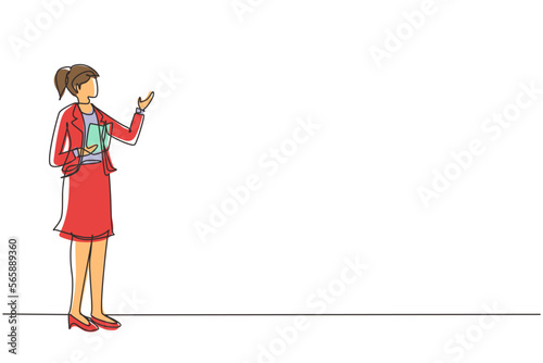 Single one line drawing woman teacher, professor standing in front of classroom teaching student at school. Professor at university is giving lecture. Continuous line draw design vector illustration