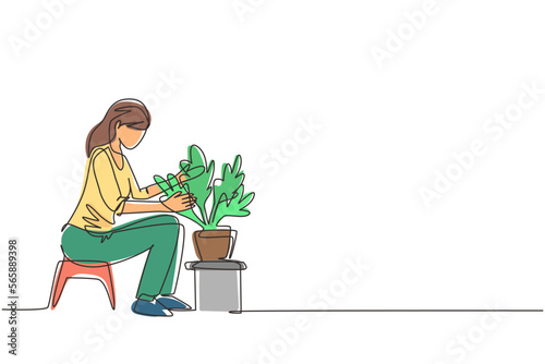 Single continuous line drawing young woman sitting and planting gardens flowers, agriculture gardener hobby and garden job. Gardening person, gardener flowers. One line draw design vector illustration