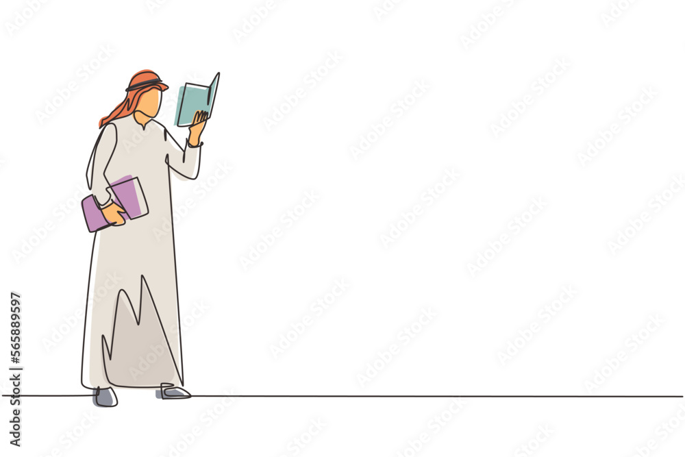 Continuous one line drawing young Arabian man stands and holds book in his hands. Guy reading book. Student in library. Male spending spare time by reading literature. Single line draw design vector Continuous one line drawing young Arabian man stands and holds book in his hands. Guy reading book. Student in library. Male spending spare time by reading literature. Single line draw design vector