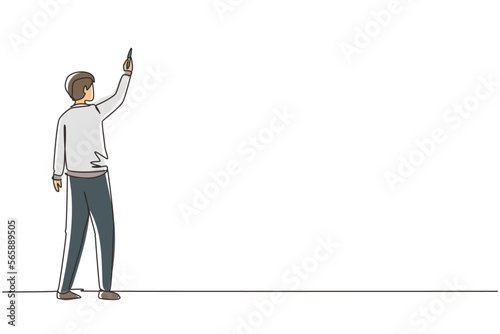 Continuous one line drawing rear view of man teacher or student writing formulas on classroom chalkboard holding chalk in right hand. University or school education. Single line draw design vector