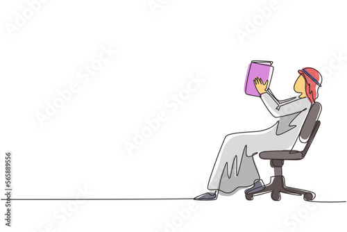 Single one line drawing Arab man reads book in chair. Side view of exiting process of learning by young male. Style of boy spending spare time by reading literature. Continuous line draw design vector