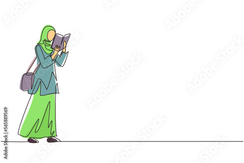Continuous one line drawing young Arabian lady with hijab and trendy bag holding book. Girl reading function book or schoolbook. Student, bibliophile, literature fan. Single line draw design vector