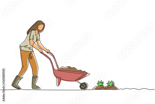 Single continuous line drawing young girl carrying wheelbarrow with plants and flowers outdoor. Home hobby. Garden work. Florist taking care of plant. One line draw design graphic vector illustration