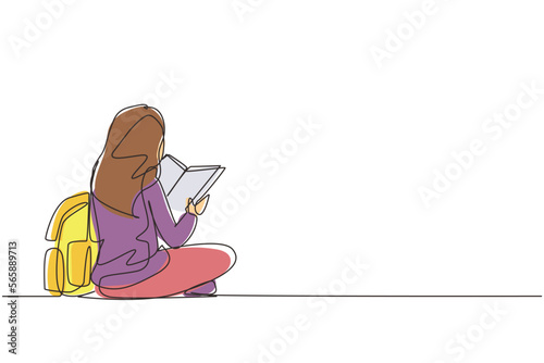 Single continuous line drawing education. Back view woman sitting on floor reading book. College student prepare to exam, back to school gaining knowledge. One line draw design vector illustration