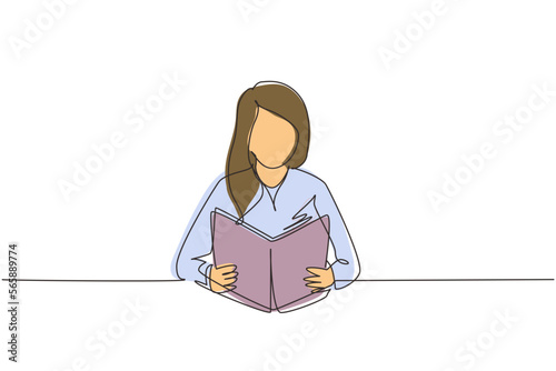 Single continuous line drawing girl reading book, education. Woman student sitting at desk to read literary work, story books and study, textbooks on table. One line draw design vector illustration