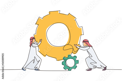 Single continuous line drawing two Arab businessmen help each other pushing big cog. People push gear, team of worker tech holding gear collaboration solution. One line draw design vector illustration