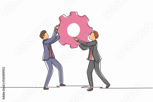 Continuous one line drawing two business men hold cogwheel work together ponder think strategy concept. Businessmen lifting gear. Collaboration. Single line draw design vector graphic illustration