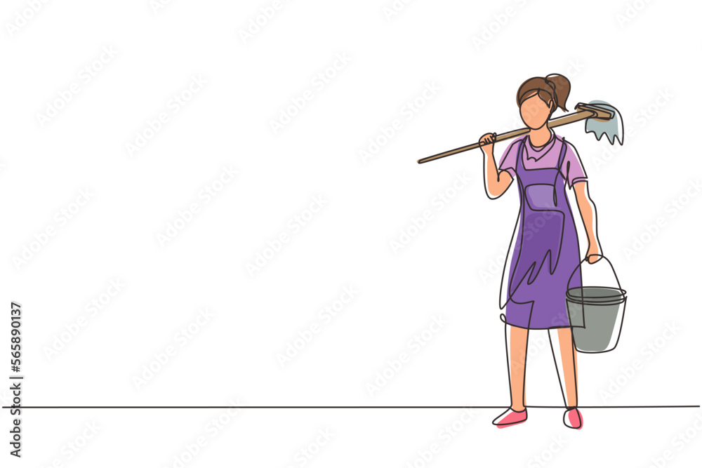 Continuous one line drawing woman mopping floor, female cleaner janitor in uniform and bucket, cleaning service. Housework service or housekeeping workers, janitor. Single line draw design vector Continuous one line drawing woman mopping floor, female cleaner janitor in uniform and bucket, cleaning service. Housework service or housekeeping workers, janitor. Single line draw design vector