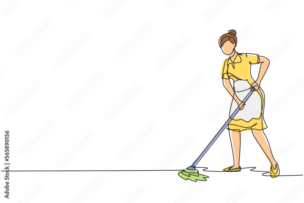 Single continuous line drawing woman mopping floor in uniform. Girl