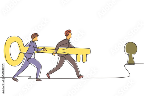 Single continuous line drawing business men standing in front of keyhole with big key. Business team holding key to success. Two business man carrying huge golden key. One line draw design vector