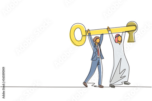 Continuous one line drawing two Arab male figures wearing traditional clothing while lifting, inserting huge key to keyhole. Business movement forwards. Single line draw design vector illustration