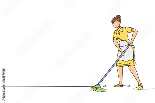 Single continuous line drawing woman mopping floor in uniform. Girl cleaner janitor cleaning office. Cleaning service, hospital disinfection. Cleaning workers. One line draw design vector illustration